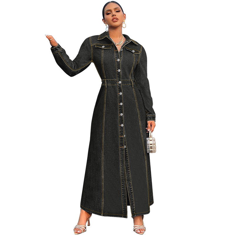 708g Weight Maxi Long Dress Dress Length Type Long Sleeve Sleeve Length Denim Dress Dresses Type Cotton (more than 30%), Denim Fabric Type High Waist Waist Line Holiday, Street Occasion Turndown Neckline Slim Fit Type Solid Color Pattern Spring, Autumn Season Women's Gender Streetwear Style Wholesale Women's Streetwear Solid Color Holiday Street Turndown Long Sleeve Denim Dress 19