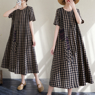 Real Shot of Hot-Selling Independent Station 3 Process Export Round Neck Beautiful Ladies New Large Size Cotton and Linen Dress
