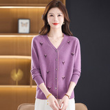 秋冬新款时尚V领绣花羊毛针织衫开衫100%绵羊毛春秋妈妈毛衣女，女装针织衫/毛衣，妃慕昵服饰