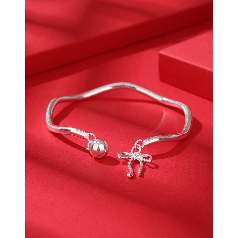 Onda pulsera de plata femenina 999 plata esterlina abierta simple nicho borla arco campana pulsera de plata pura para La novia