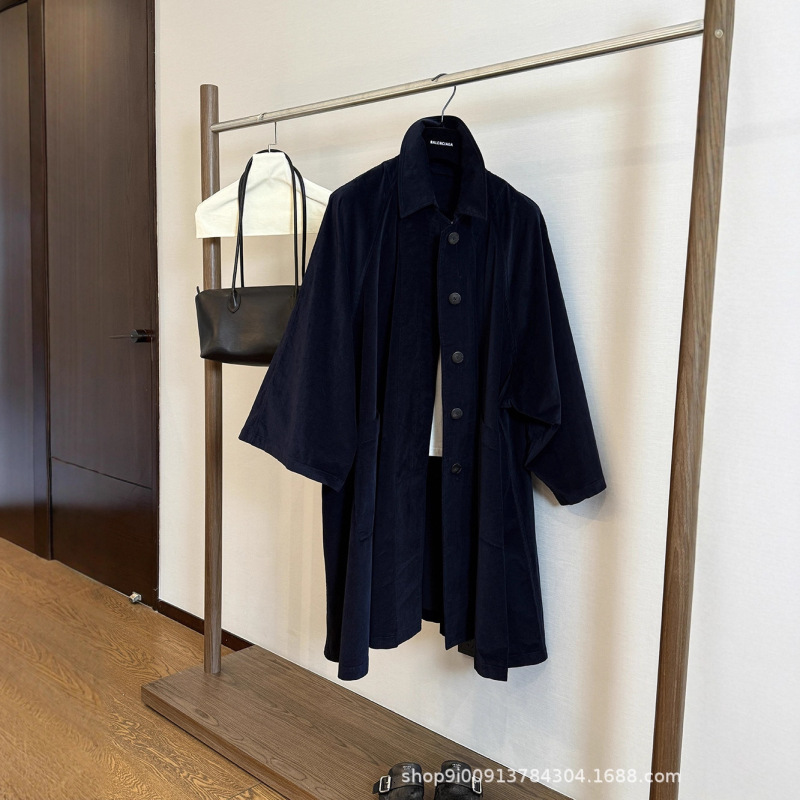 High-End Niche Designer Twilight Blue Corduroy Wide Trench Coat