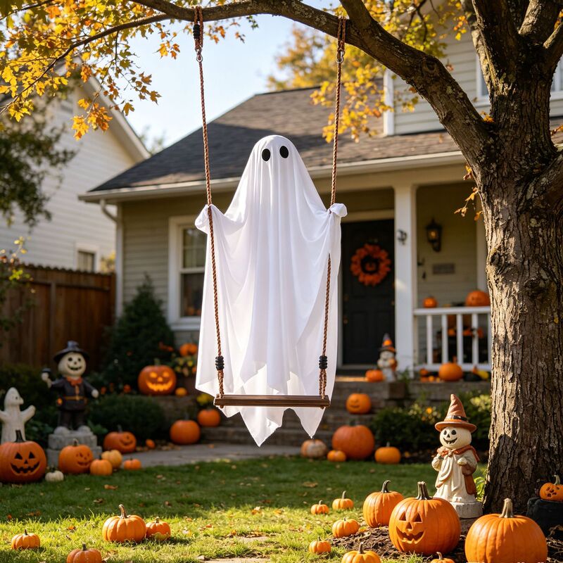 Cross-Border Halloween Swing Ghost Glowing Cute Ghost Hanging Decoration Garden Halloween Props Decoration Ghost Swing