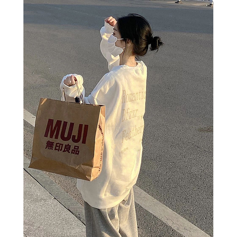 奶fufu白色无帽卫衣女春秋季2025新款圆领宽松慵懒风加绒加厚上衣|undefined