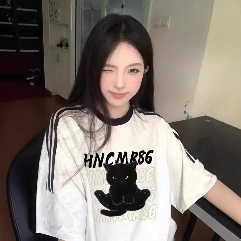 2025 New Style Spliced Stripesd Pure Cotton Short-Sleeved T-Shirt for Women Summer Loose Harajuku Style Right Shoulder Large Size Half-Sleeved Top