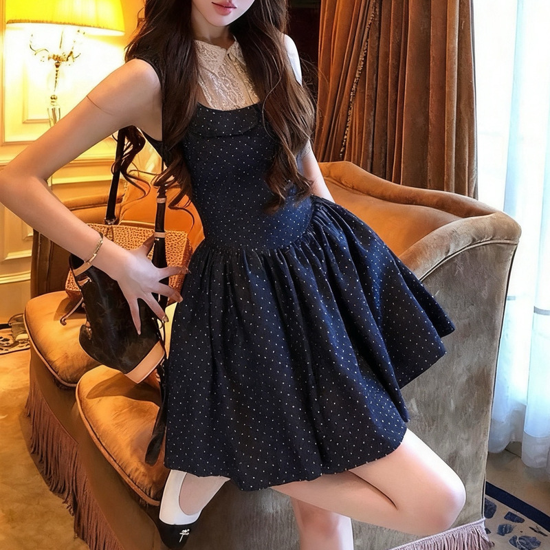 Retro Party Fake Two-Piece Polka Dot Dress with Miu-Style Doll Collar and Princess Puffy Skirt 2026 Spring New Style