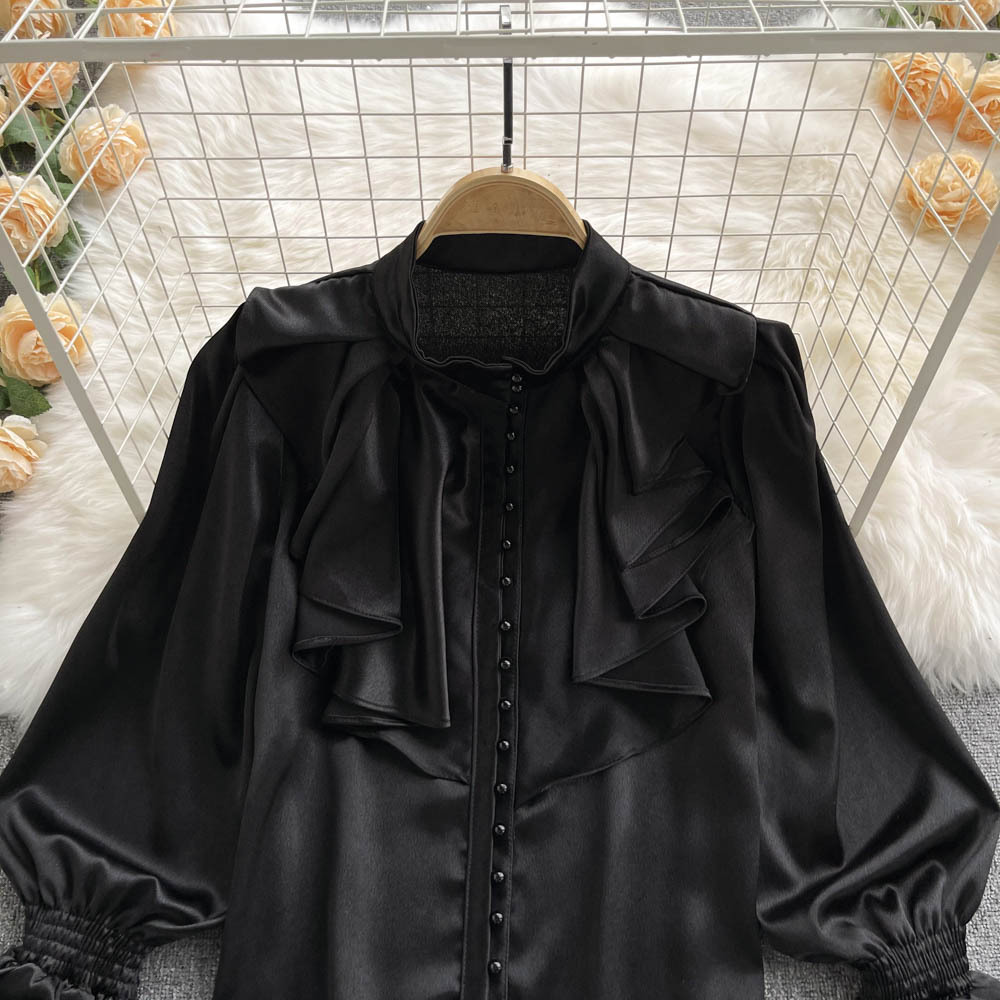 Chic GraceChic GraceChic GraceChic Foreign Trade French High-End Shirt For Women With Ruffled Stand Collar, Single-Breasted Sweet And Elegant Lantern_voghion.com