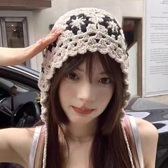 日韩版百搭镂空针织帽甜美女生包头帽纯手工编织带流苏帽子