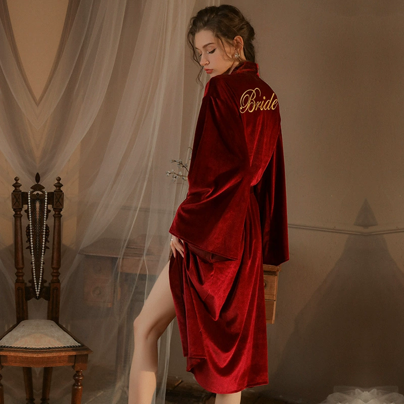 Velvet длинный осенний халат для невесты, красный пижама, для подружек невесты