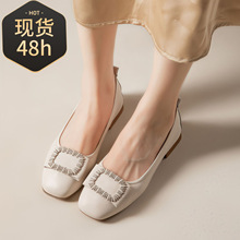 2025春夏新款真皮平底单鞋尖头浅口方扣豆豆鞋时尚四季妈妈女鞋