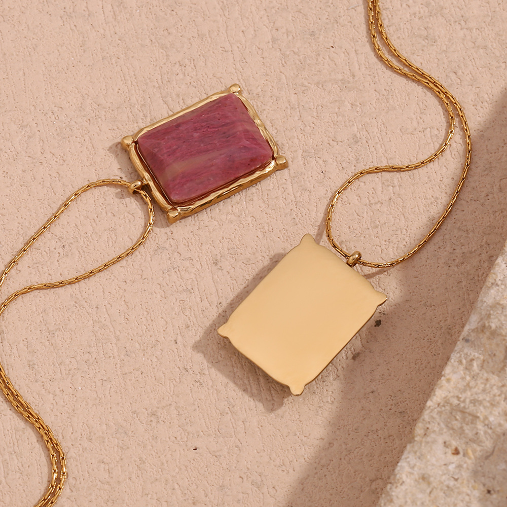 Rectangular Natural Stone Stainless Steel Pendant Necklace