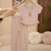 女童韩系时尚设计感短袖上衣套装中大童夏季新款纯色百搭休闲套装