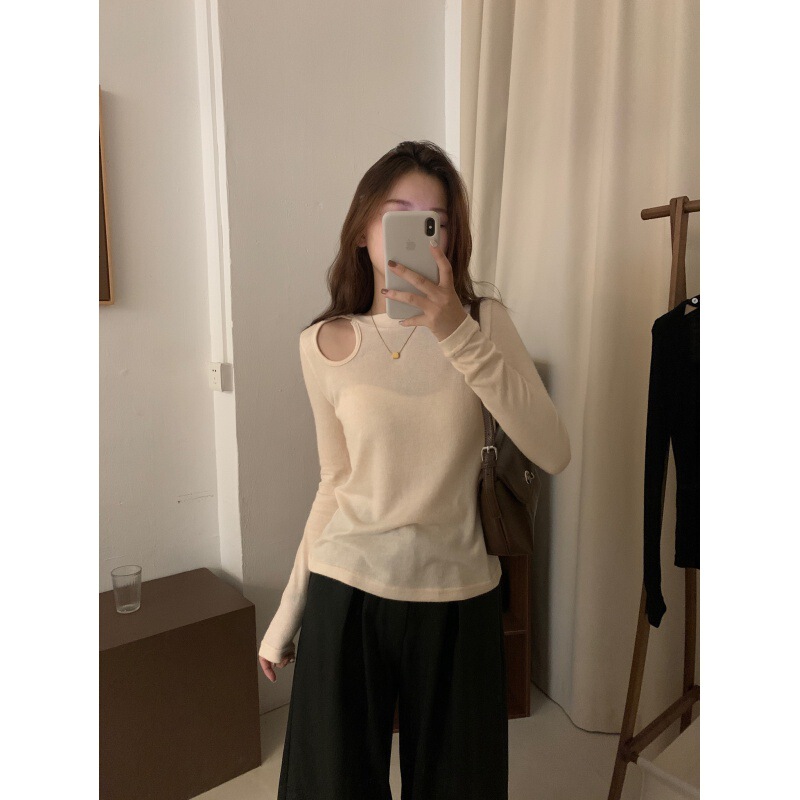 Clearance Special Offer Korean Knitted Base Shirt Women's Shoulder-exposed Pure Want to Beware Machine Slim-fit Slimming Hollow Round Neck Top Clearance Special Offer Korean Knitted Base Shirt Women's Shoulder-exposed Pure Want to Beware Machine Slim-fit Slimming Hollow Round Neck Top