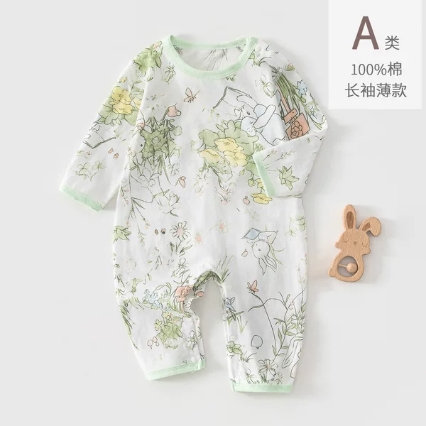 Baby Summer Clothes, Long-Sleeved, Thin, Pure Cotton, Newborn Seamless One-Piece Romper, Unisex Baby Air-Conditioning Clothing, Pajamas