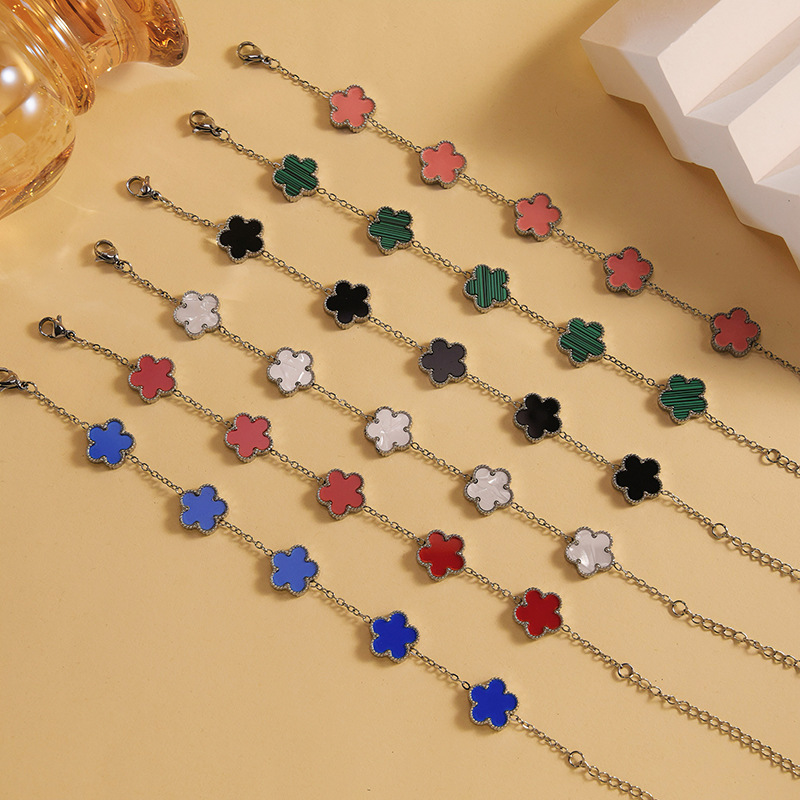 Cross-Border Steel Color Clover Five-Leaf Flower Bracelet Light Luxury High-End Women's Popular Four-Leaf Clover Stainless Steel Hand Jewelry