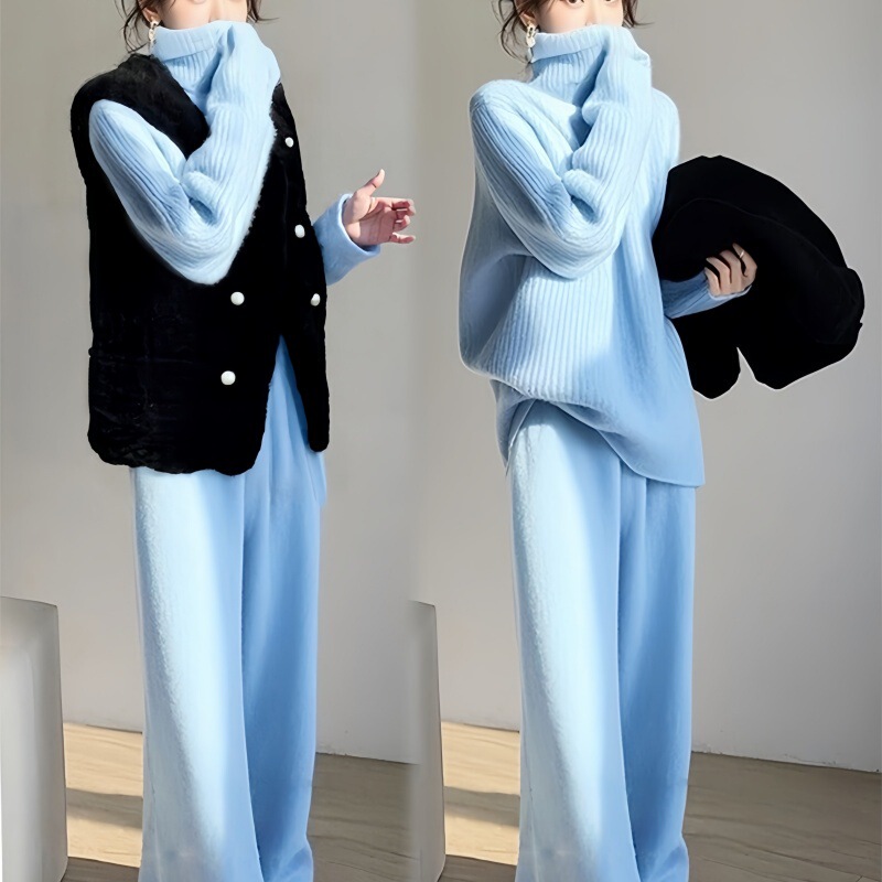 A Complete Set of Gentle Outfits for Autumn and Winter, High-End Korean Style, Lazy and Relaxed, Sky Blue Turtleneck Sweater Suit Pants A Complete Set of Gentle Outfits for Autumn and Winter, High-End Korean Style, Lazy and Relaxed, Sky Blue Turtleneck Sweater Suit Pants