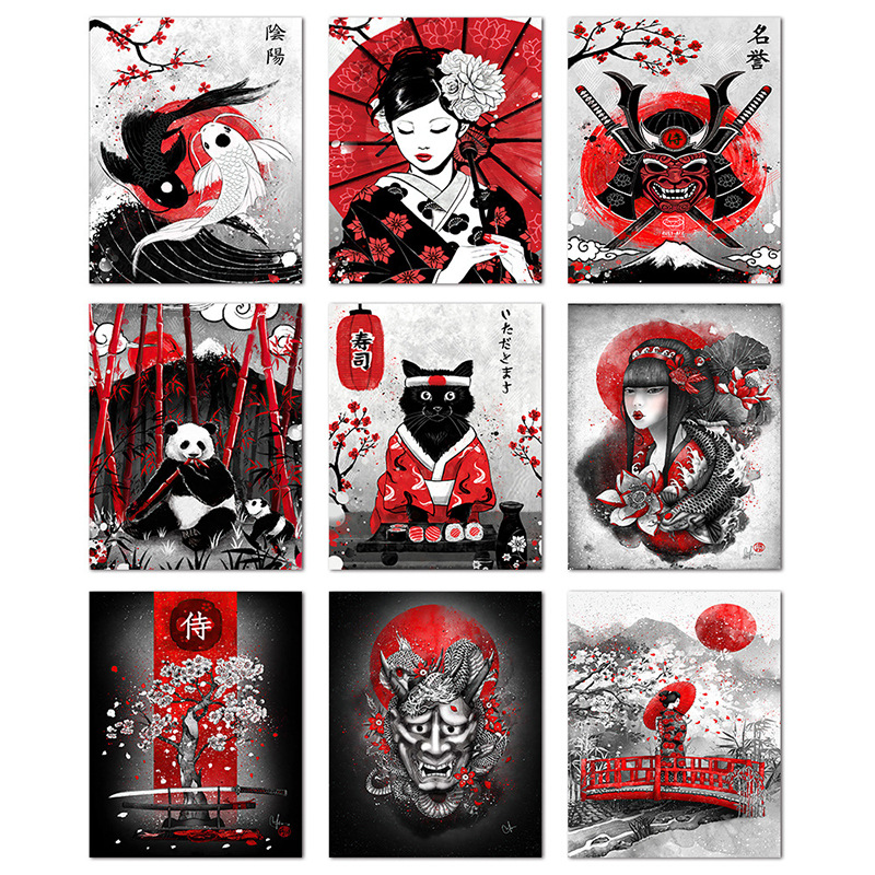 速卖通热销日本武士艺伎海报 北欧抽象艺术客厅沙发餐厅玄关挂画|ms