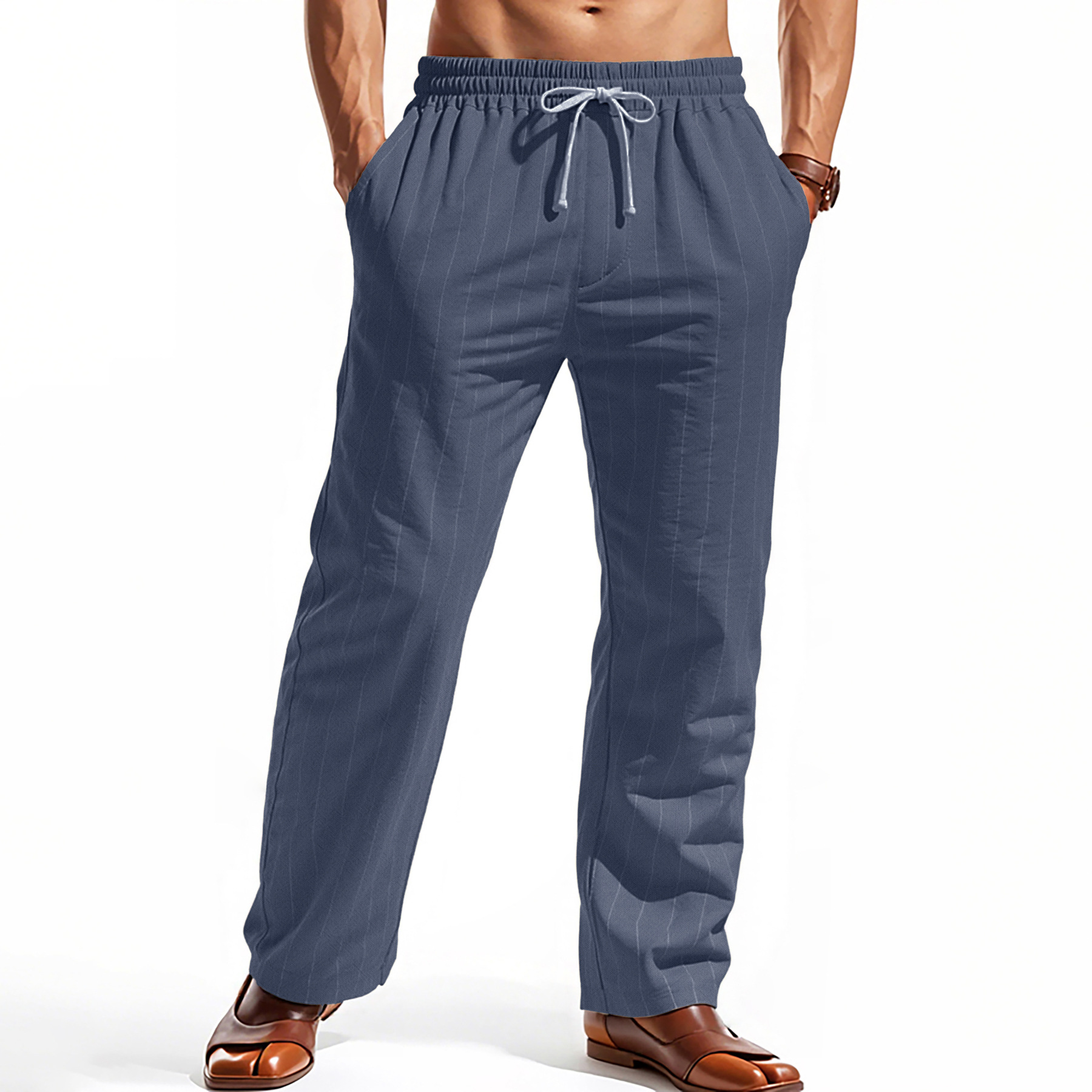 Nuevo Amazon linas transfronterizas de verano delgado pantalones casuales con tiras verticales rectos transpirables pantalones casuales para hombres