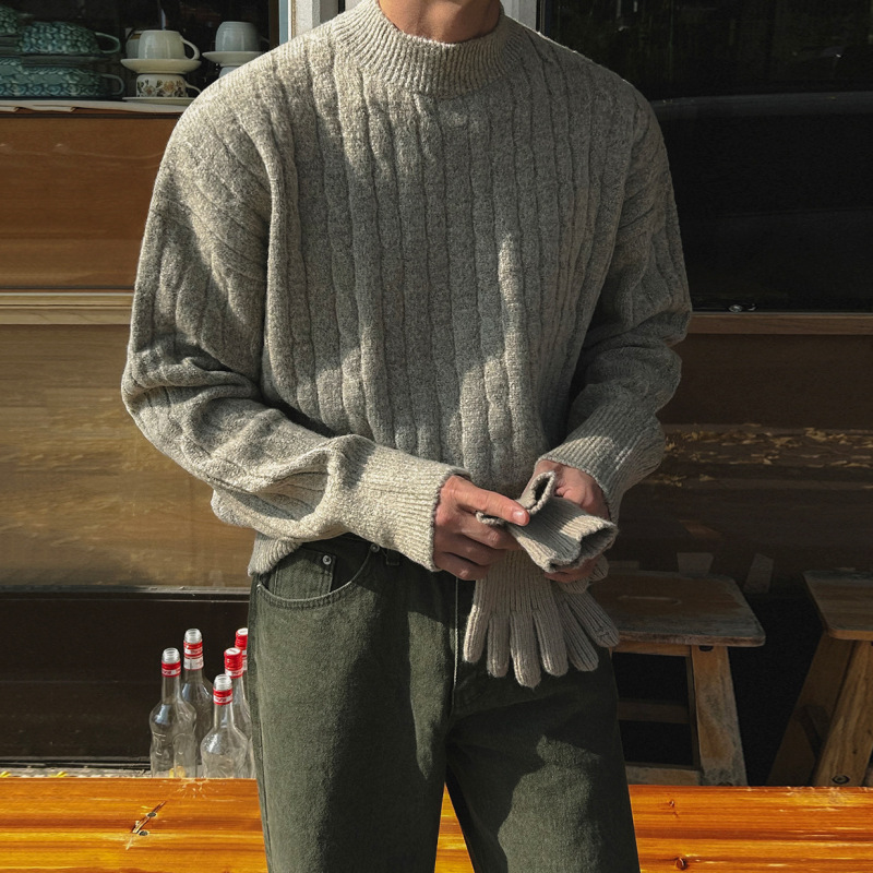 Myq Twist Pattern Texture Half-Turtleneck Sweater for Men, Autumn and Winter Thickened Warm Loose Knitwear, Korean Retro Style Myq Twist Pattern Texture Half-Turtleneck Sweater for Men, Autumn and Winter Thickened Warm Loose Knitwear, Korean Retro Style