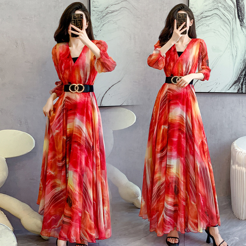 2026 New Spring and Summer Tall Women's European and American Cross-Border Trade Beach Vacation Extra-Long Floor-Length Dress