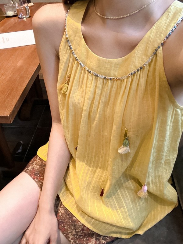 DIGM南法度假风流苏条纹串珠圆领背心2025春夏宽松小衫女A60520|undefined