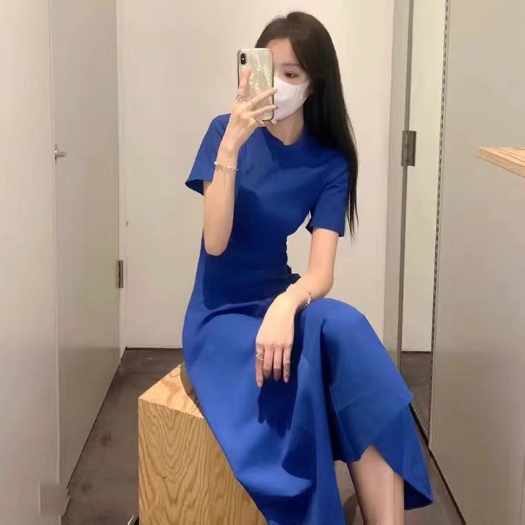Váy nghỉ trà Pháp mới mùa hè thiết kế tôn eo màu xanh Klein — Màu xanh lam chi tiết 4