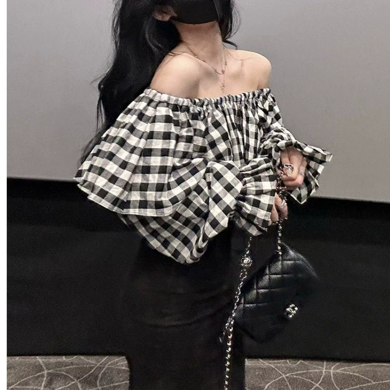 Костюм-юбка (жен.) клетчатый открытые плечи и рыбья юбка, в стиле Chanel, эффект подъёма