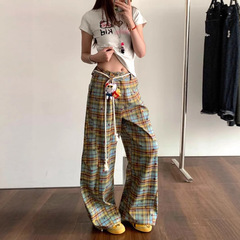 アメリカンレトロなコントラストカラーチェック柄パンツ、女性用夏用多用途ルーズシミターカジュアルパンツ、ワイドレッグパンツ、ドレープフロアレングスパンツ