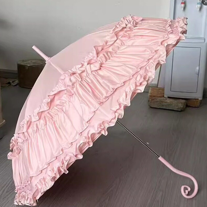 2026 New Model Birdcage Arch-Shaped Heart-Shaped Curved Handle Lace Fully Automatic Umbrella with a Girly Lolita Princess Style Wholesale