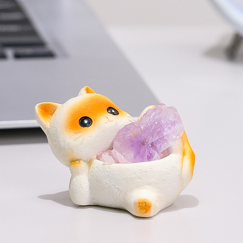 创意可爱甜甜小猫天然水晶矿石小摆件办公室桌面治愈系装饰品礼品|undefined