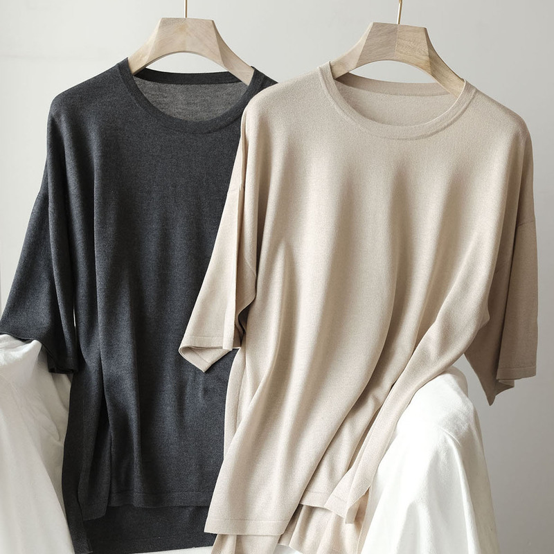 APC Summer 2023 Mid-Sleeve Short-Sleeved Worsted Knitted Cashmere Silk Base Shirt Women's Spring and Autumn Inner Thin Loose