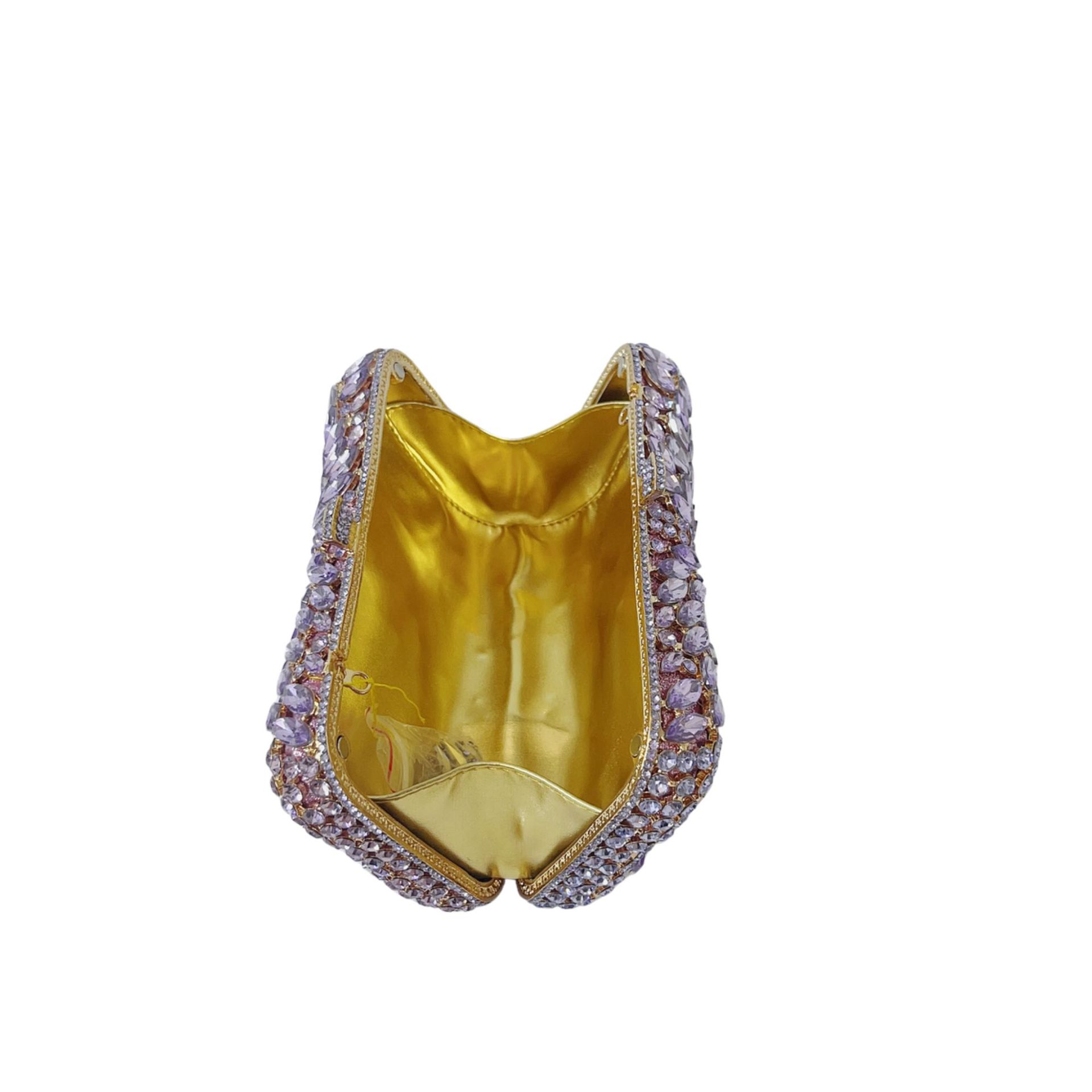 Túi clutch nữ đính đá rhinestone hộp cứng kim loại cầm tay dạ hội — Màu hồng, Hoa violet, Đế vàng kim cương, Màu sâm panh chi tiết 5