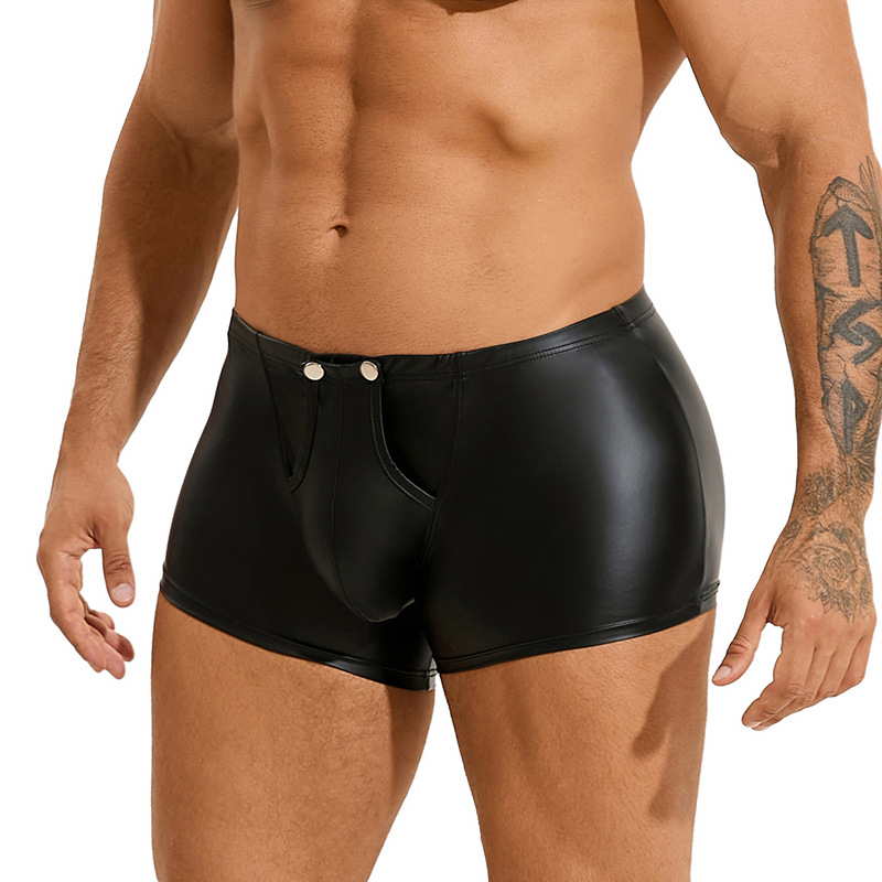 Transfronterizo Amazon sexy cuero lacado hombre pantalones de ángulo plano imitación de cuero interesante botón convexo U fácil de quitar pantalones de ángulo plano