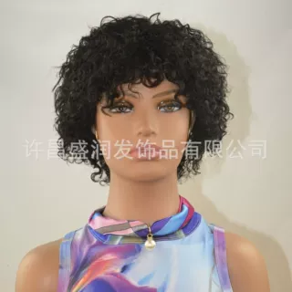 跨境假发真人发human hair自然蓬松非洲小卷Afro wigs机制全头套