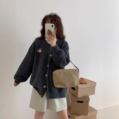 美拉德咖色针织开衫小熊毛衣外套女2025秋新款大码胖mm中长款上衣