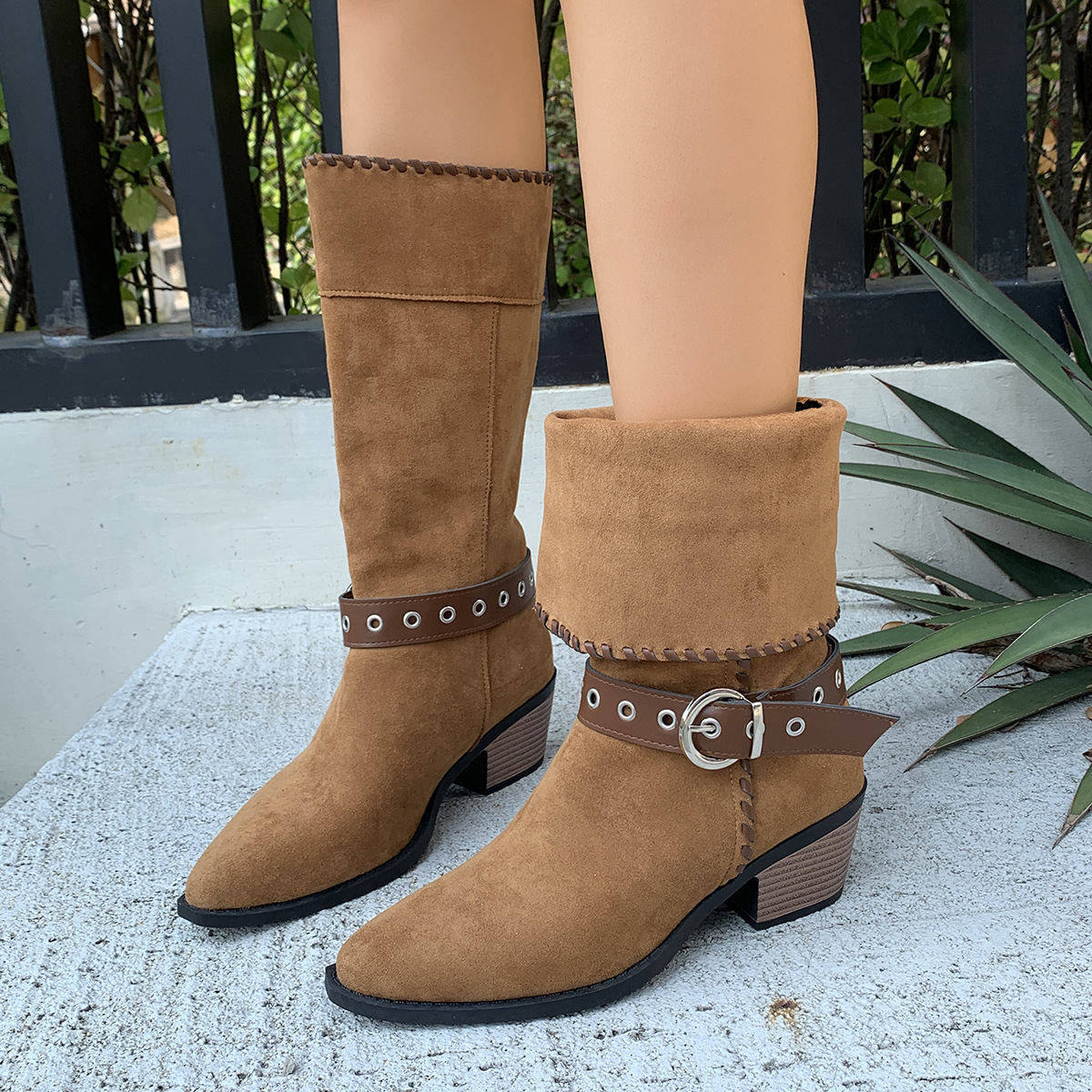 Women's Black Suede Cowboy Boots With Buckle Detail Mid Heel_voghion.com