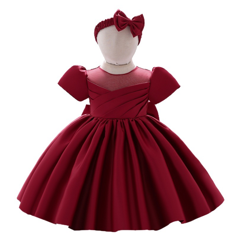 Nueva llegada del bebé niños Amazon vestido de novia niña manga corta color sólido forjado paño lavado vestido bebé un año de edad vestido de princesa