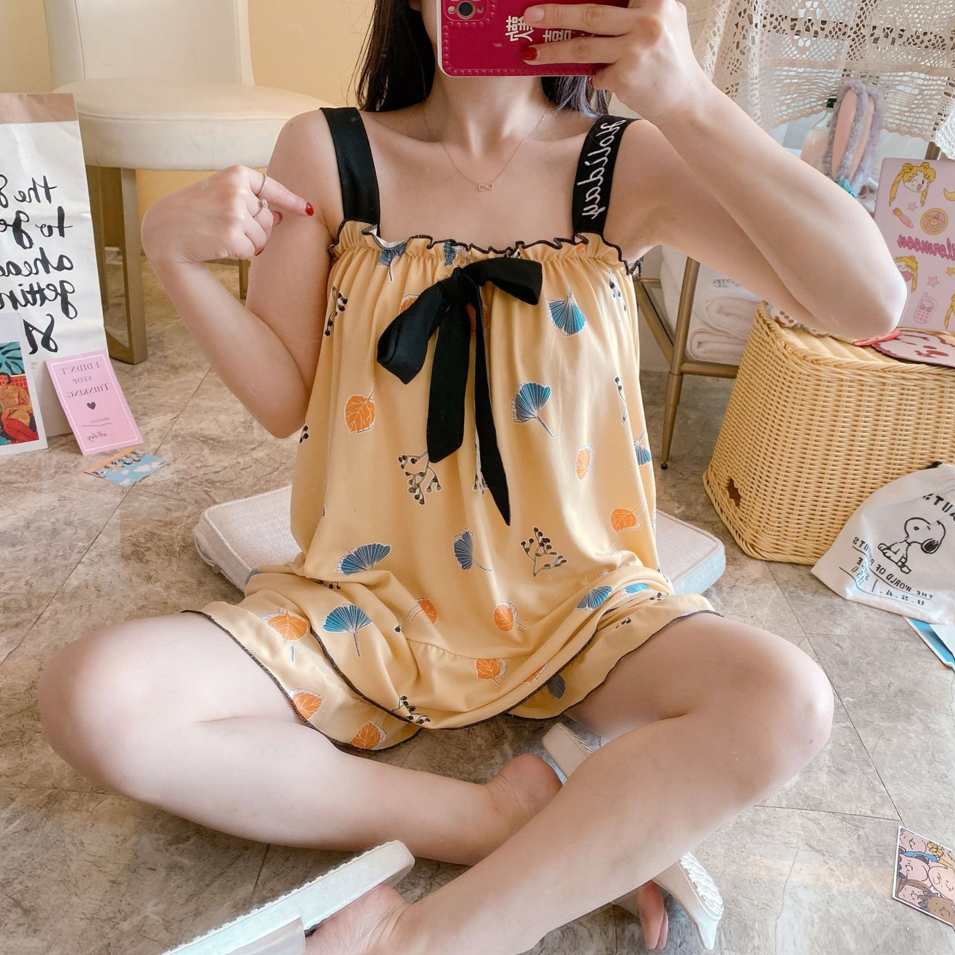 Summer 2024 New Princess Style Sweet Shorts Suit Can Be Worn Outside Trendy Suspender Pajamas Women's Home Wear Two-Piece Set