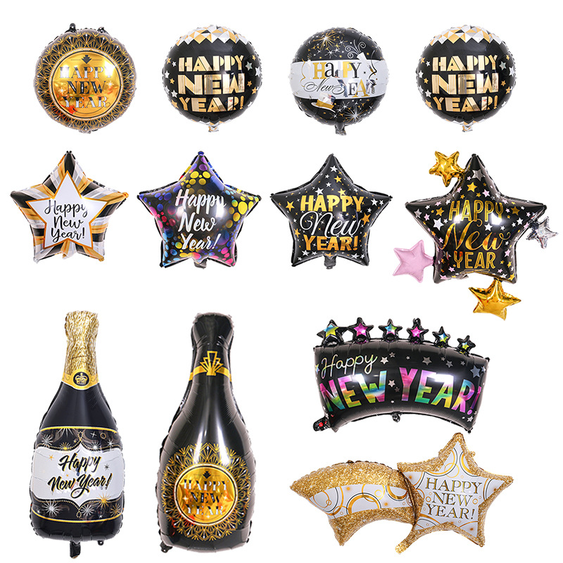 新款18寸煙花金色新年快樂鋁膜氣球 黑色五角星新年快樂氣球批發