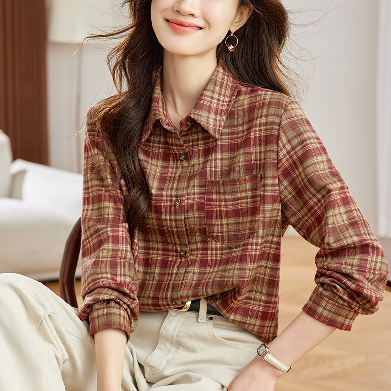 Factory Direct Sale Retro Brushed Plaid Thick Shirt for Women 2025 Spring New Versatile Turn-Down Collar Long-Sleeve Cardigan Shirt