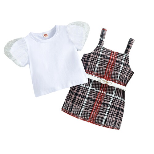 Baoxin Foreign Trade Baby and Child Suit Baby Girl Summer Puff Sleeve Plaid Suspender Skirt Belt Children's Suit