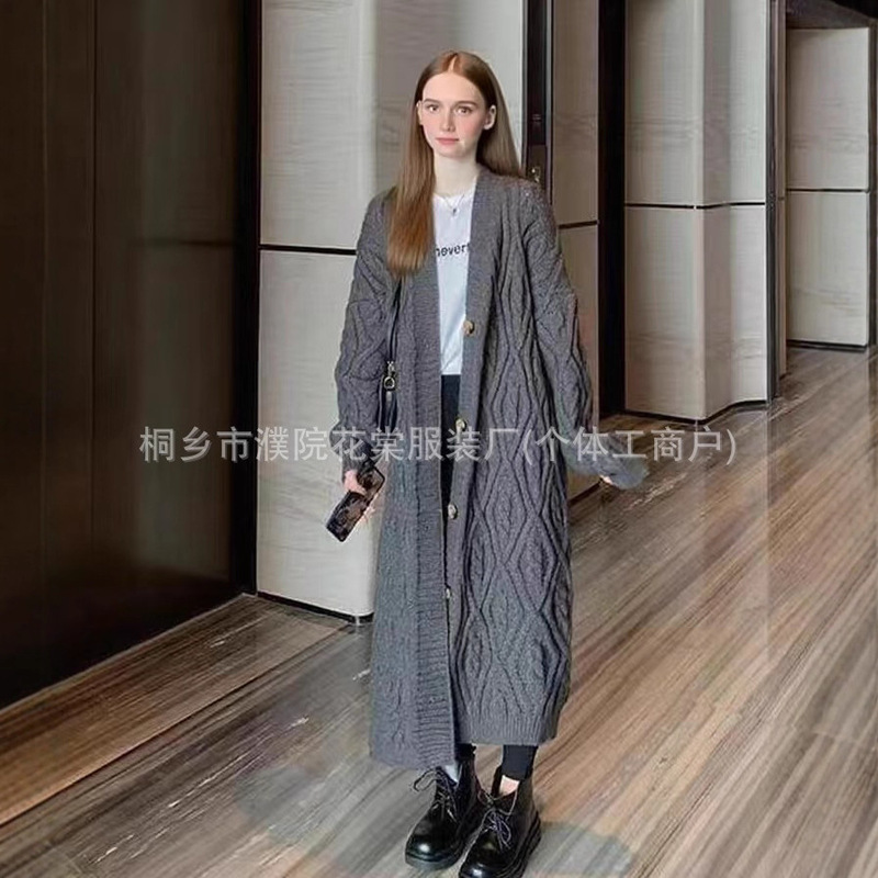 跨境北亚 俄罗斯长款过膝 麻花毛衣开衫外套宽松加厚慵懒风针织衫|undefined