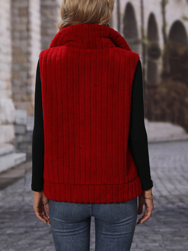 Fluffy Velvet Cross-Border European and American Style Autumn Women's Clothing Lapel Sleeveless Loose Striped Zipper Plush Casual Vest Jacket