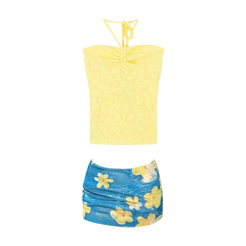 Dopamine Halterneck Tube Top Bikini Summer Seaside Yellow Pure Desire Two-Piece Small Breast Push-Up Split Swimsuit for Women