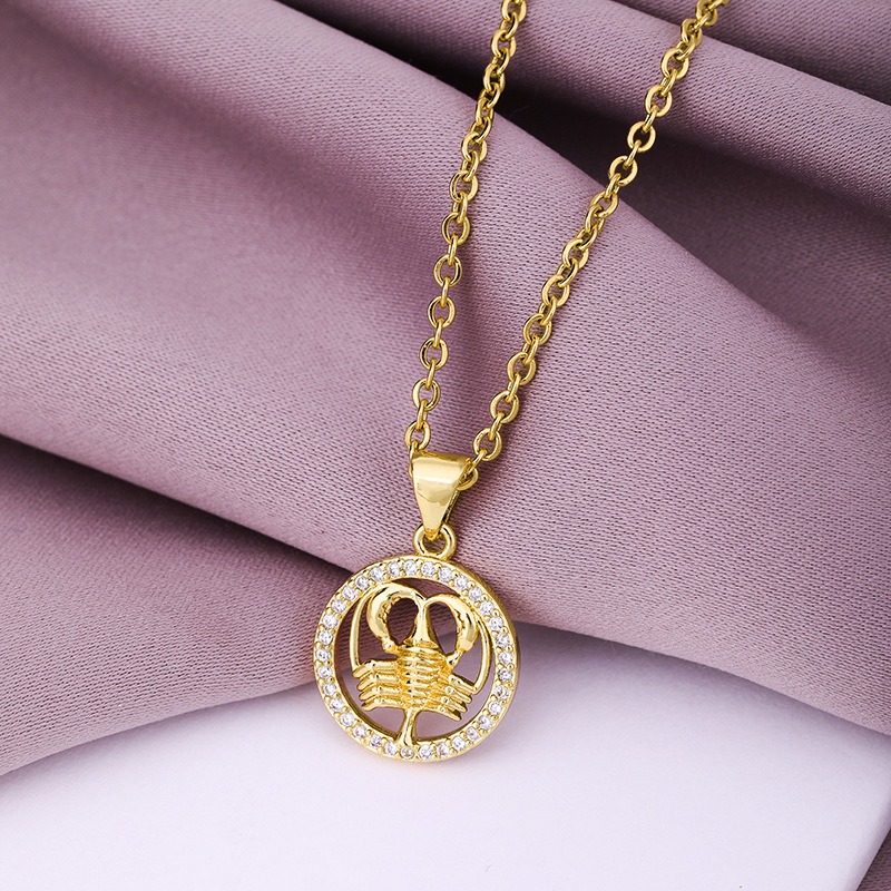 Fashion Twelve Constellation Copper Inlaid Zircon Gold Plated Stainless Steel Pendant Necklace display picture 6