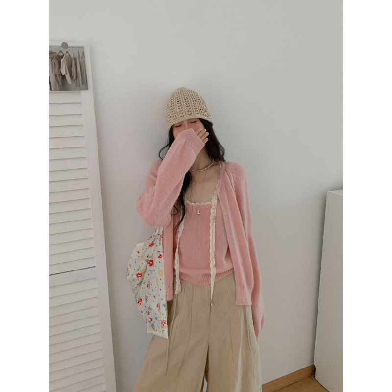 韩系两件套清新甜美温柔减龄蕾丝花边领针织吊带背心毛衣开衫套装|undefined