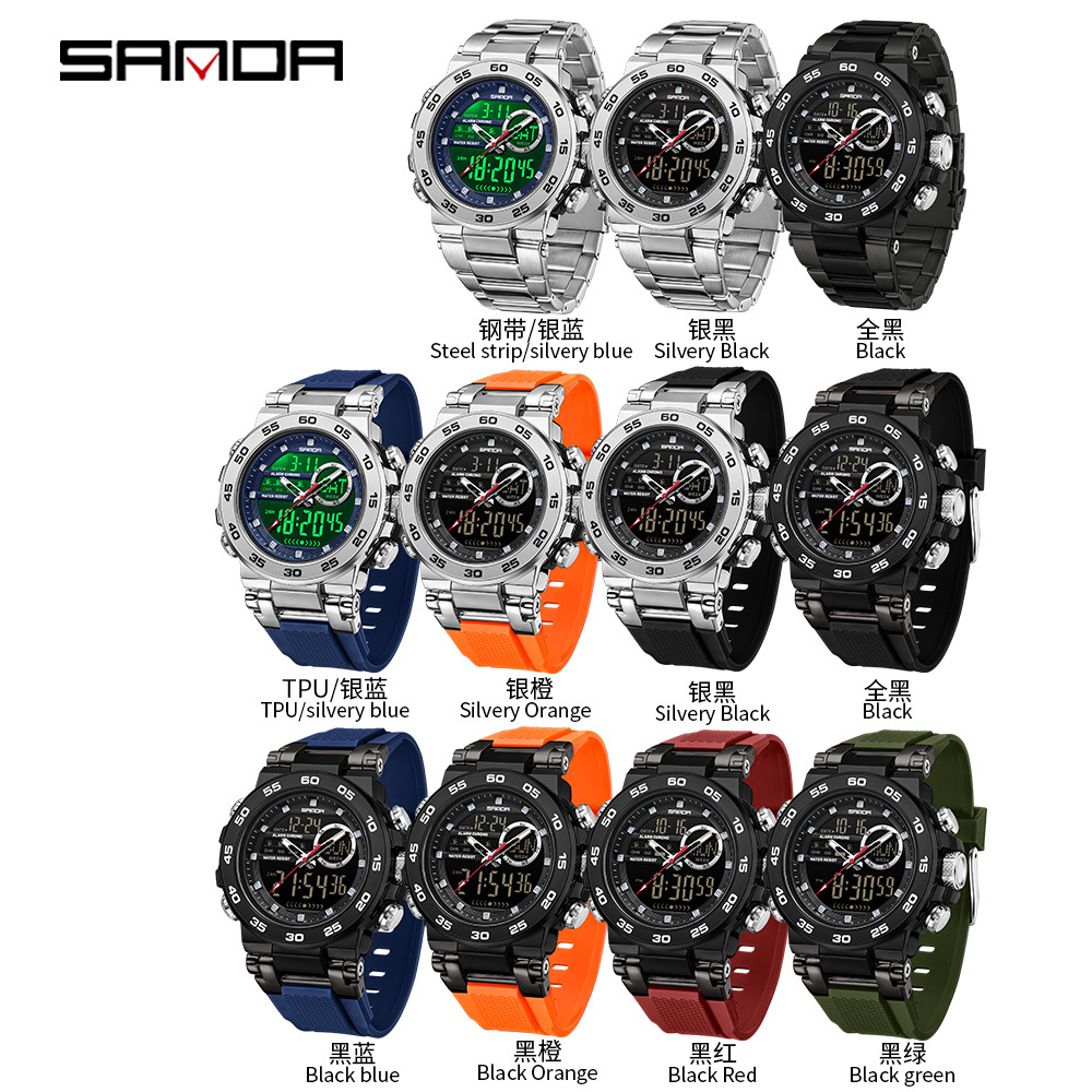 Reloj de pulsera de doble movimiento Sanda 3 reloj de despertador multifuncional impermeable nocturna para hombres