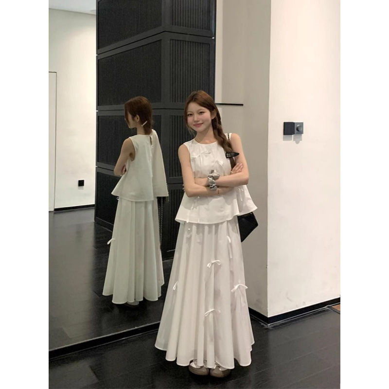 法式小个子穿搭一整套夏季感气质无袖上衣半身长裙时尚两件套|undefined