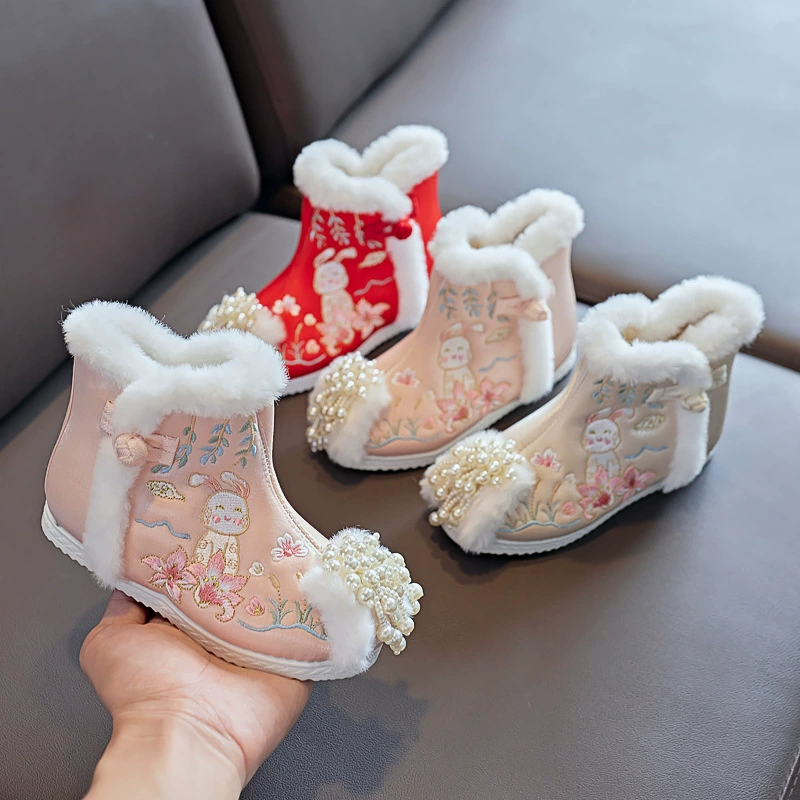 В наличии Новые ботинки Hanfu для девочек Детская хлопковая обувь с вышивкой Старинная вышитая обувь Старый Пекин Тканевая обувь на флисовой подкладке Утолщенная