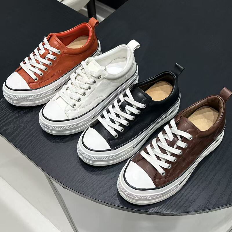 Washable Horsehide Thick-Soled Sneakers, New Women's Genuine Leather Classic Style, Height-Increasing Lace-Up Round-Toe Versatile Casual Shoes