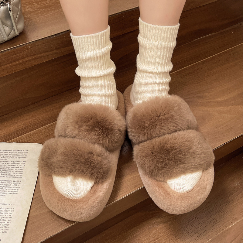 本物の毛皮を使用したダブルストラップのファーサンダル、女性用、厚底、フラット、ファー付きスリッパ、2025年秋冬新作、卸売|undefined